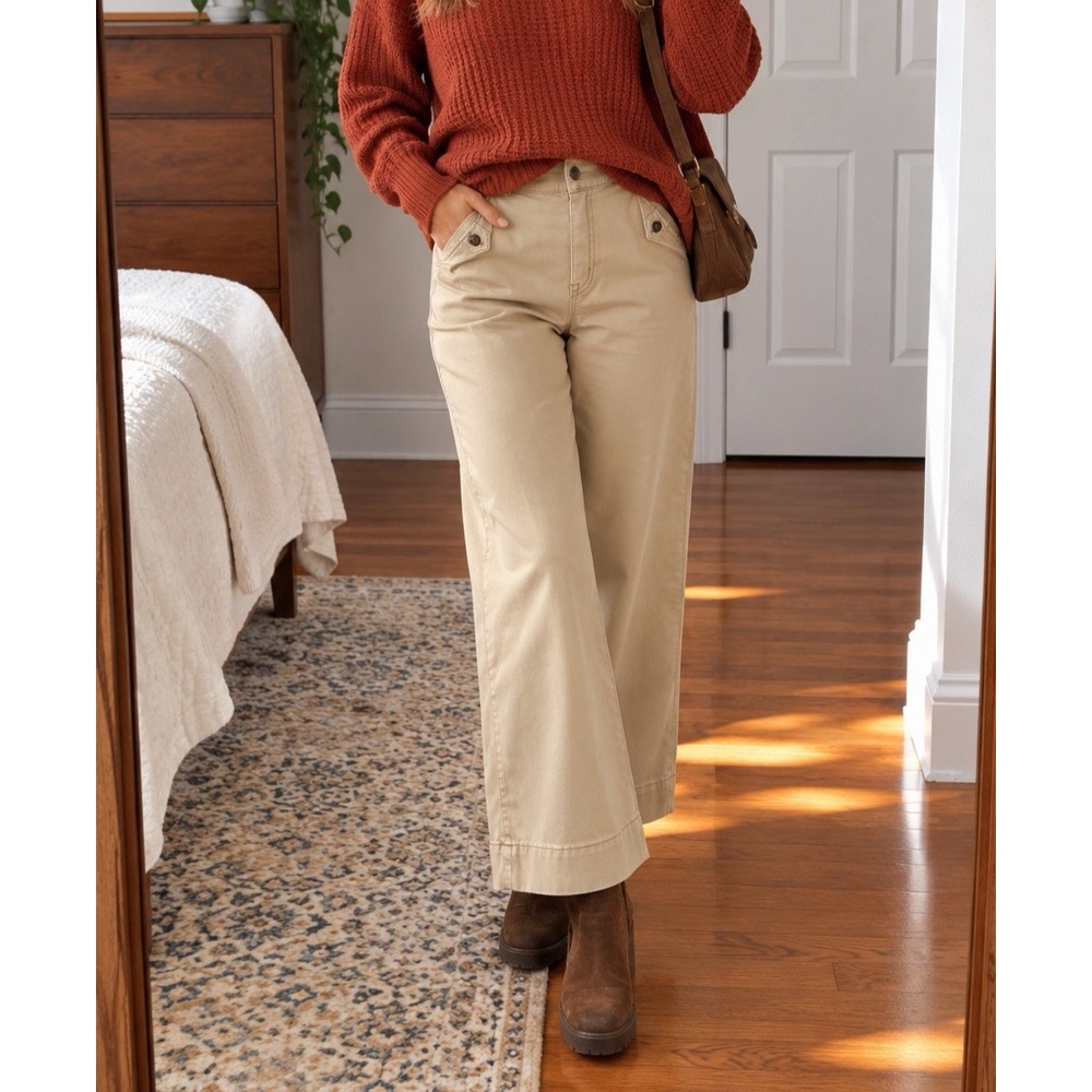 Spanx Stretch Twill Cropped Wide Leg Pants Womens XS Tan Khaki Twee Preppy